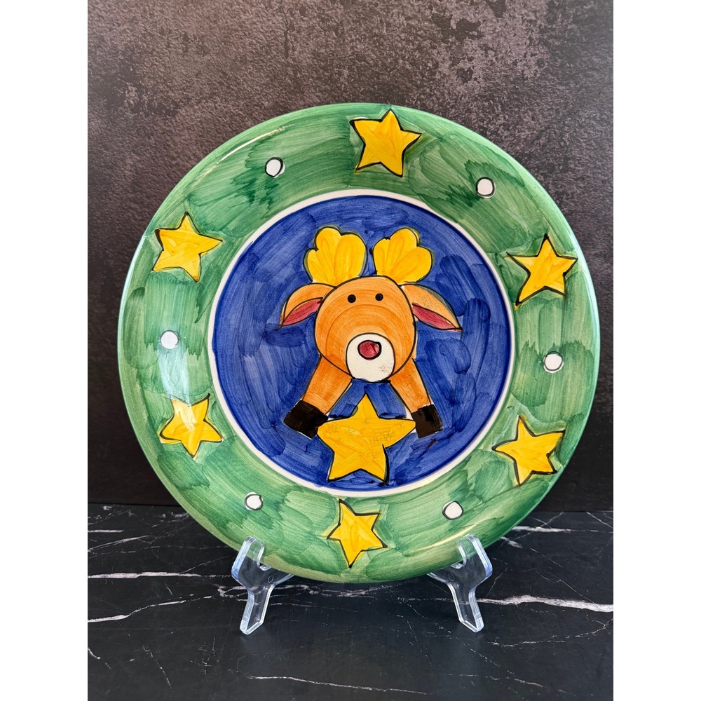 Vintage 1990s Salute Ceramics Reindeer and Stars Pattern 11.25in Dinner Plate